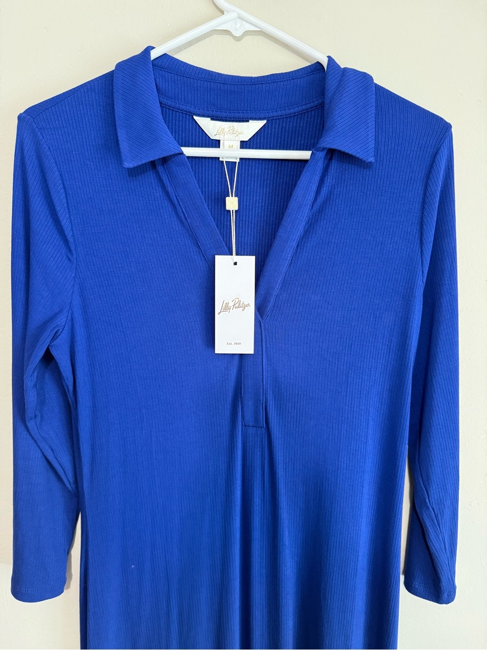 Lilly Pulitzer Ollie Maxi Cobalt Blue Ribbed Long Sleeve Collared V-Neck dress